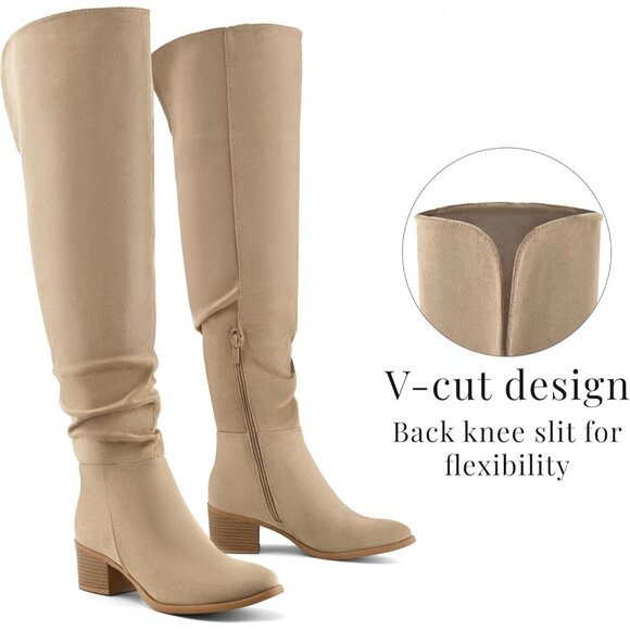 Women's Khaki Suede Over The Knee Thigh High Chunky Block Heel Pointed Toe Boots - Picture 2 of 6